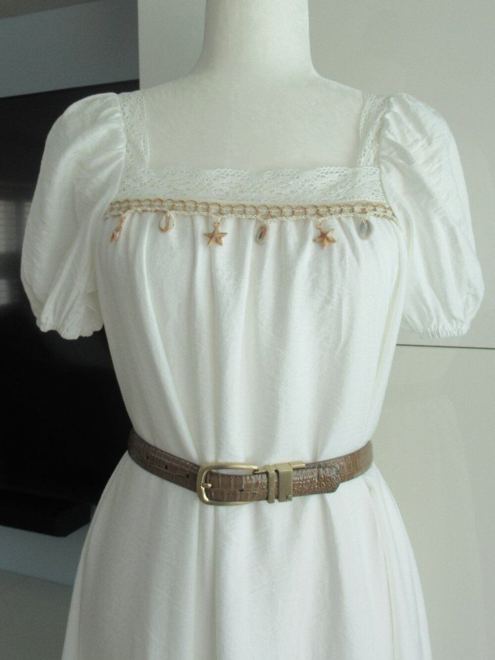 Flowy Summer Maxi Dress Sz S Lace Trim & Embellished w Seashells Fairycore White - Picture 6 of 13